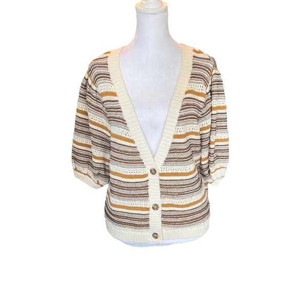 House of Harlow 1960 - NWT Puff Sleeve Stripe Chocolate Brown Cardigan Sz M - Picture 2 of 8